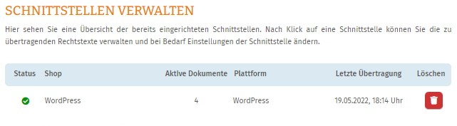 Ansicht Schnittstellenverwaltung nach der Migration zur neuen AGB-Schnittstelle