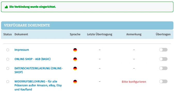 Ansicht verfügbare Dokumente für die AGB-Schnittstelle der IT-Recht Kanzlei
