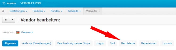 Auswahl der Rechtstexteseiten im kayamo-Händleraccount