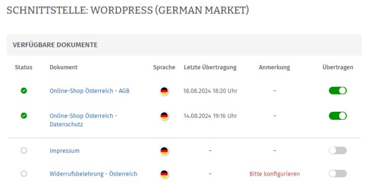 German Market Rechtstexte derr Schnittstelle zuweisen