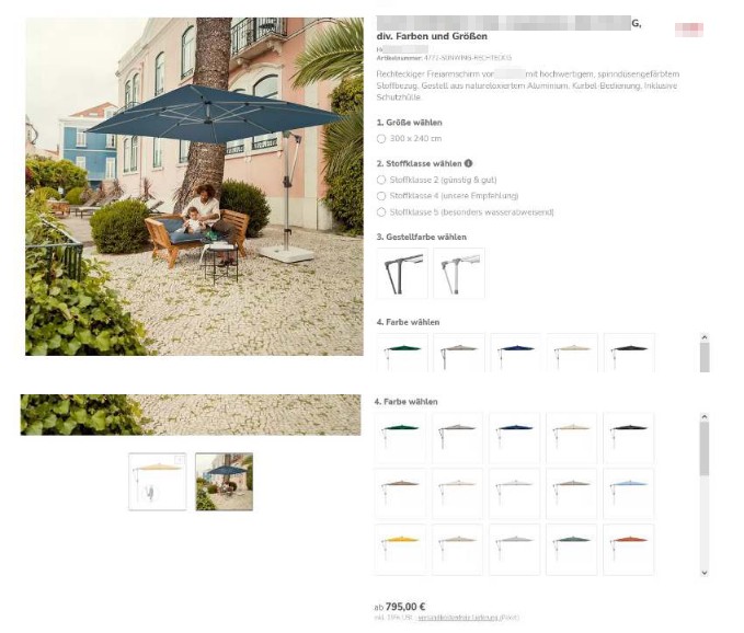 Produktseite - Täuschung über Lieferumfang