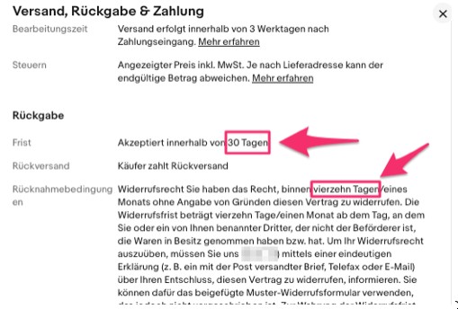 Screenshot eBay widersprüchliche Widerrufsfristlängen