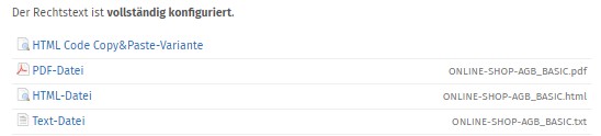 verfügbare Formate der Rechtstexte Onlineshop